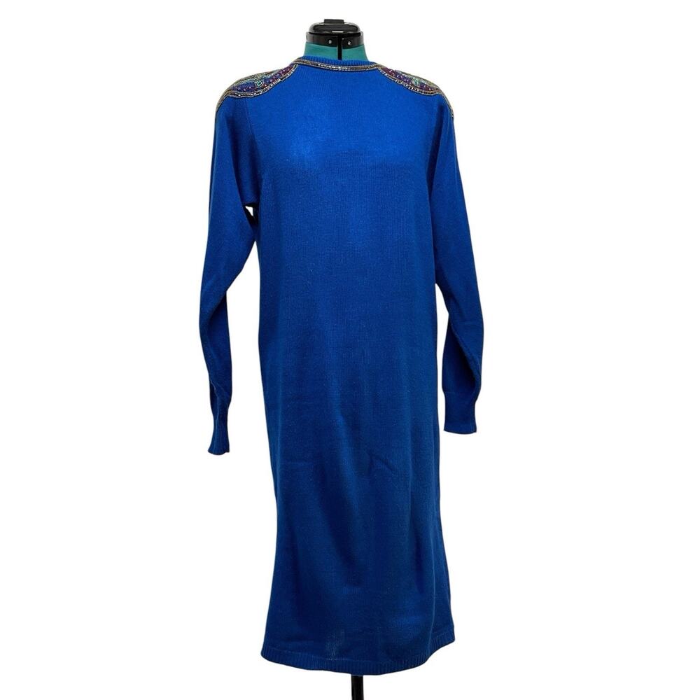 Plain Jane Vintage Blue Beaded Midi Length Long Sleeve Sweater Dress Size Medium